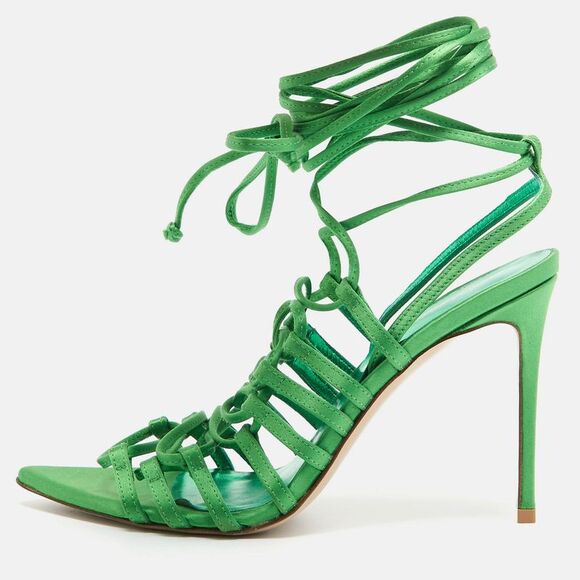 Le Silla Green Satin Lace Up Ankle Wrap Sandals Size